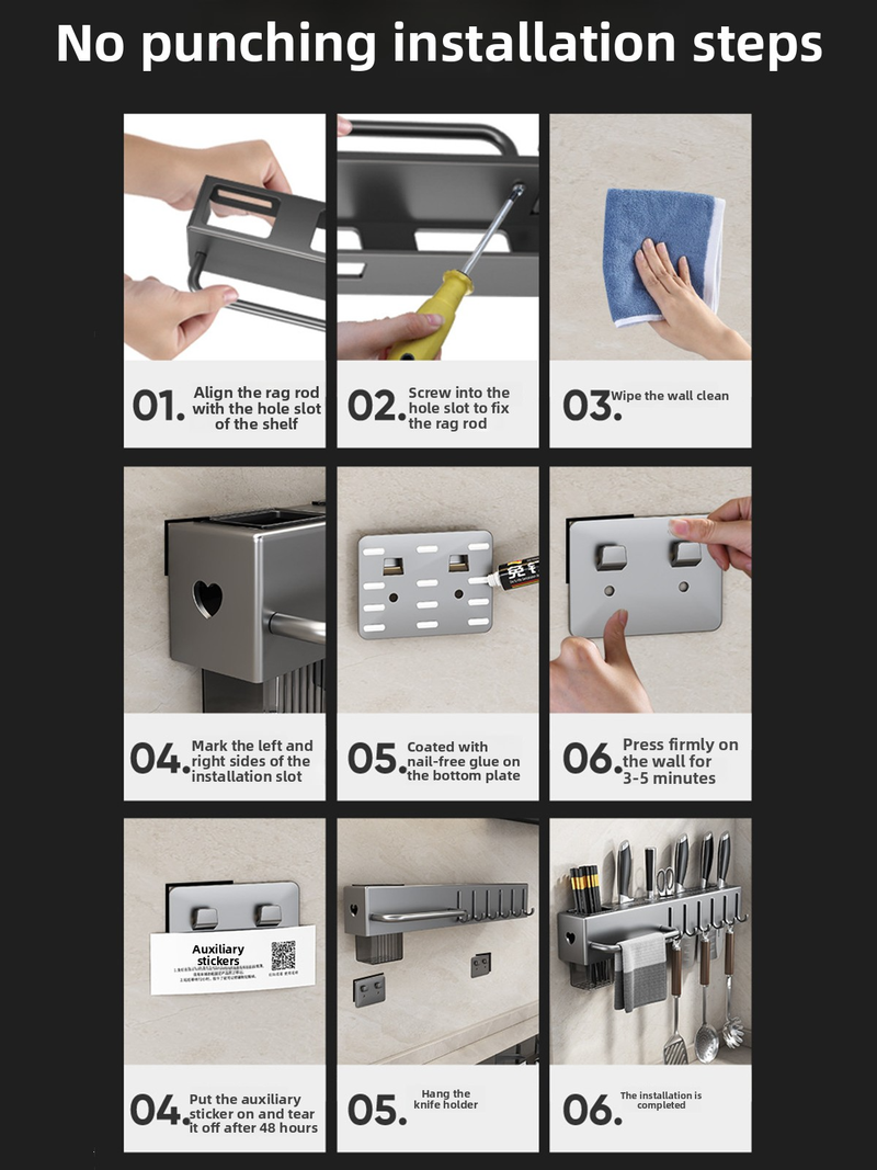 Wandmontierter Küchenmesserhalter mit integriertem Topfdeckelhalter, Essstäbchenhalter und Schneidebrett-Messeraufbewahrung_voghion.com