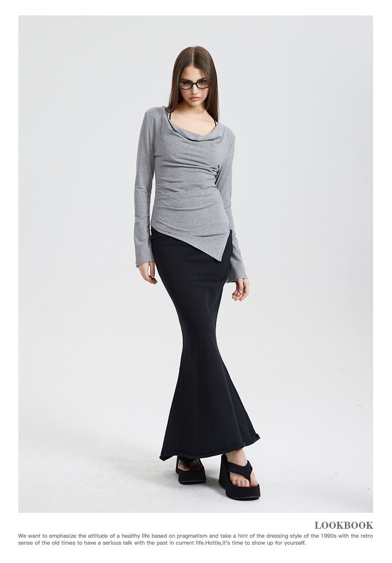 Abbigliamento da donna Top a maniche lunghe con spalle scoperte da donna - Maglietta basic asimmetrica sexy_voghion.com