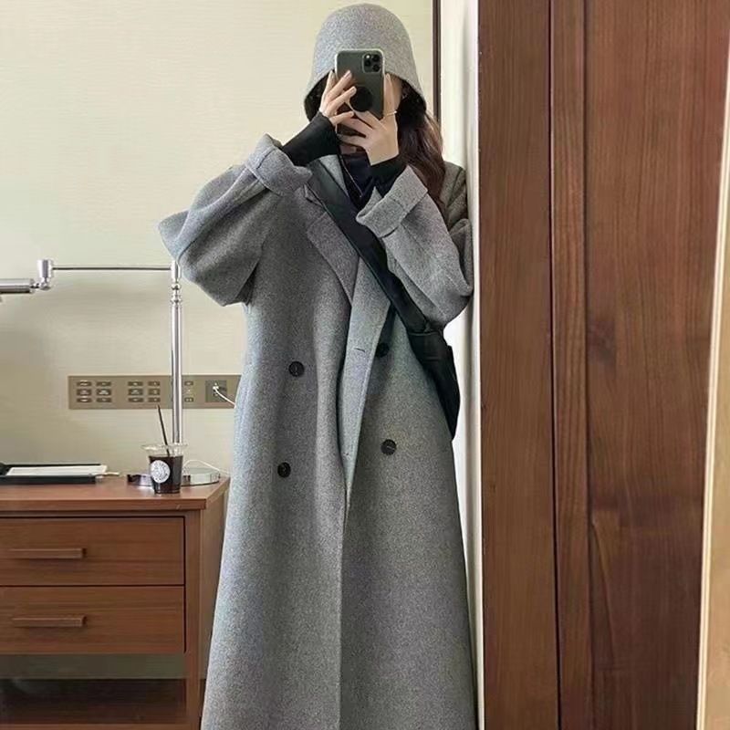 Damen Grobstrick Zweireihiger Wollmantel Winter Oversize Trenchcoat Mit Pelzkragen_voghion.com