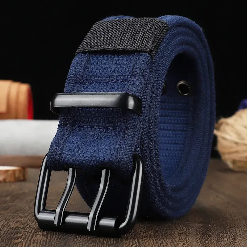 Mens And Womens Double Button Canvas Waistband Work Style Full Hole Needle Buckle Belt Sturdy Durable Jeans For Student_voghion.com