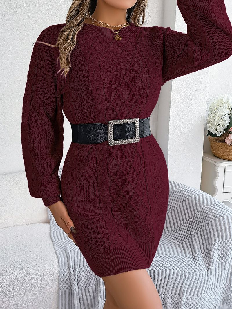 Abito in maglia a maniche lunghe con cintura in vita, tinta unita, autunno inverno 2025, moda donna_voghion.com