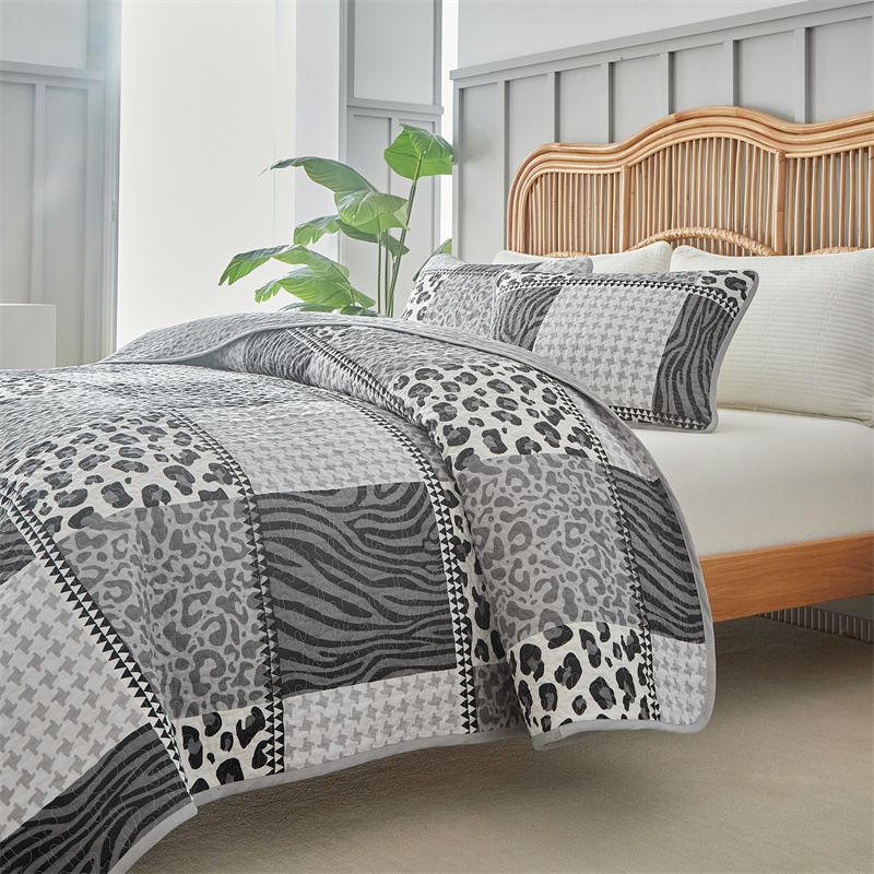 Copriletto a righe e stampa leopardata - Copripiumino grigio chiaro 3 pezzi (certificato OEKO-TEX®, motivo geometrico astratto) per camere da letto moderne e bohémien._voghion.com