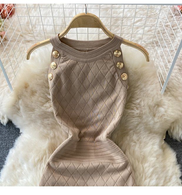 Damen Rundhals Ärmelloses Strick Neckholder Off-Shoulder Kleid Sexy Hüftbetontes Kurzrockkleid_voghion.com