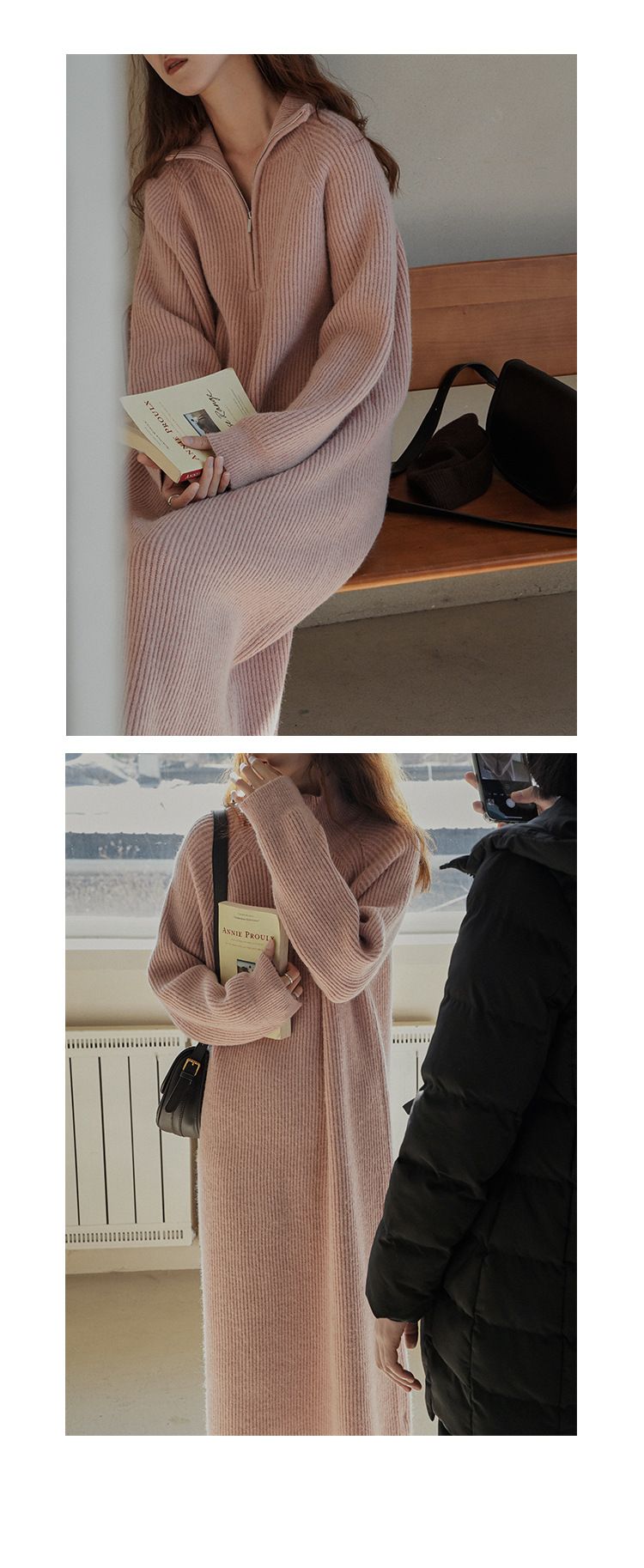 Maglione largo sopra il ginocchio, lunghezza media, con colletto rovesciato, stile pigro, strato interno in maglia, abito da donna per autunno inverno_voghion.com