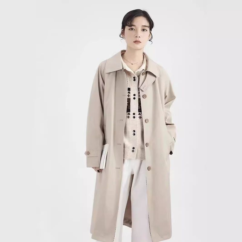 Mittellanger bis langer beiger Trenchcoat für Damen, neuer kleiner und dünner koreanischer High-End-Vielseitiger Mantel_voghion.com