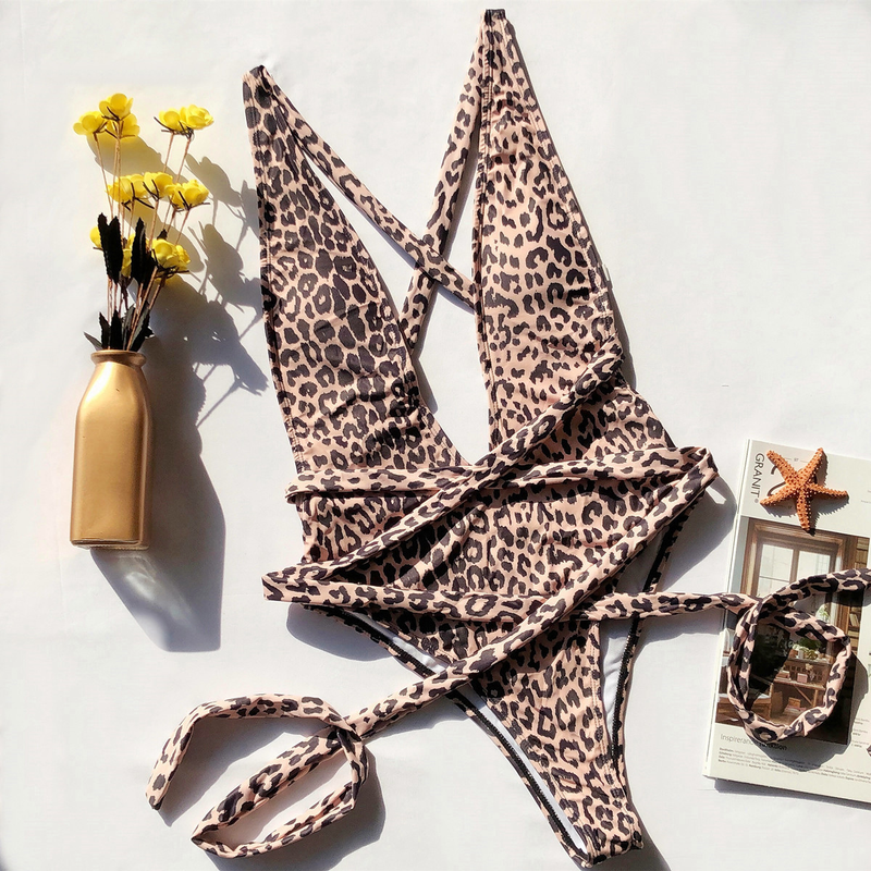 Maillot de bain une pièce imprimé léopard pour femme avec bretelles creuses_voghion.com