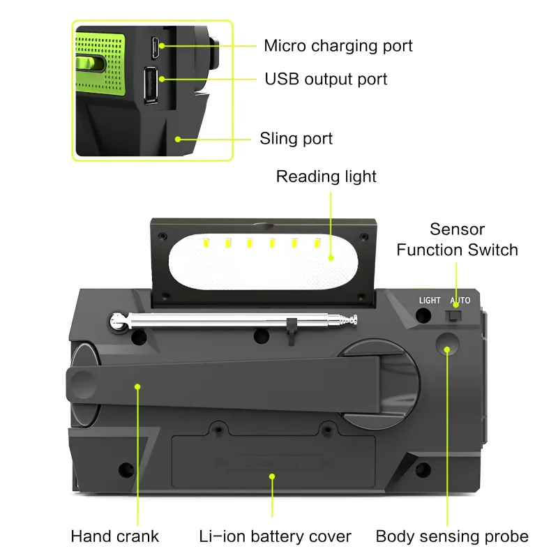 Portable Solar Hand Crank AM/FM Radio For Survival, Rechargeable Battery Powered Radio, USB Charger, Flashlight, Reading_voghion.com
