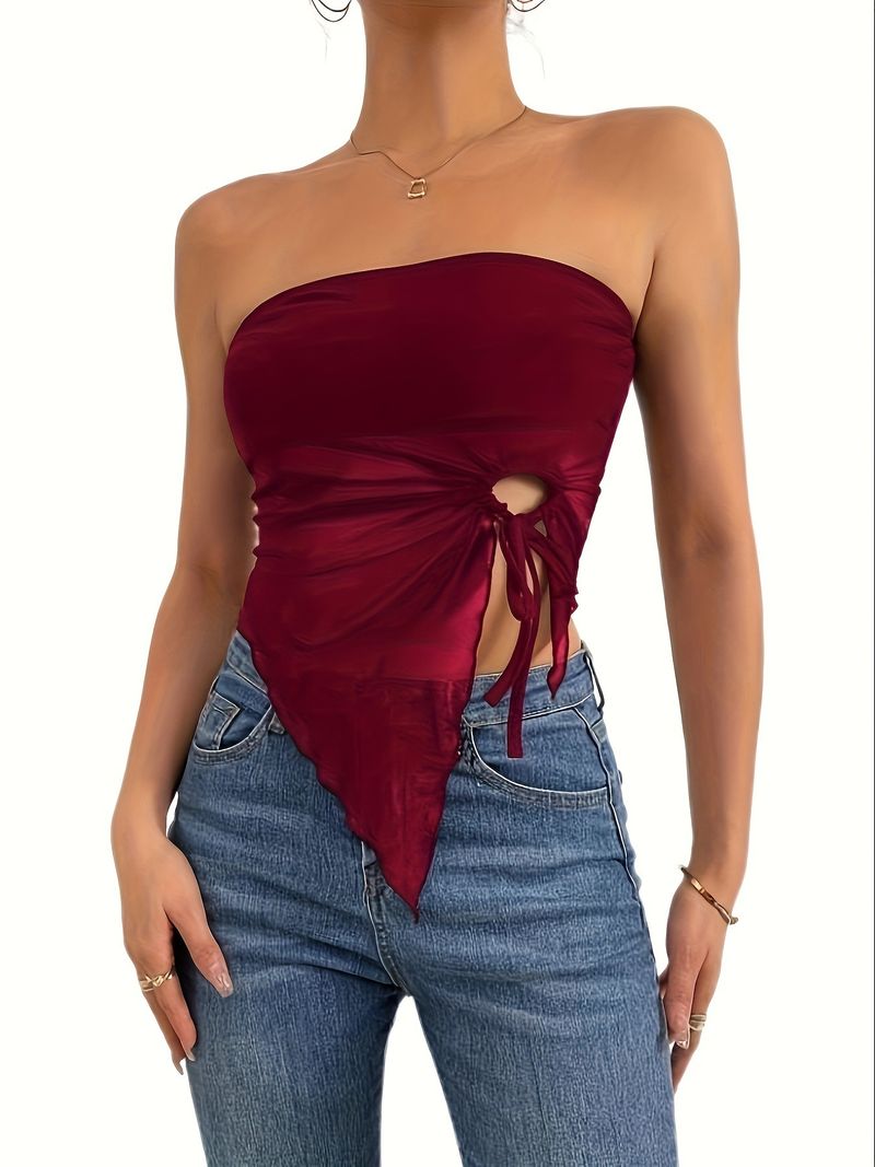 Damenbekleidung Sommer Neue einfarbige seitliche Kordelzugschlitze Unregelmäßige Slim Fit Tube Top Weste Top_voghion.com