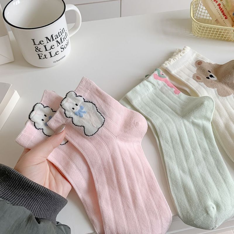 Unisex Cute Little Bear Girl Medium Socks Cartoon Thin Girl White Socks Ins Student Sports Short Socks_voghion.com