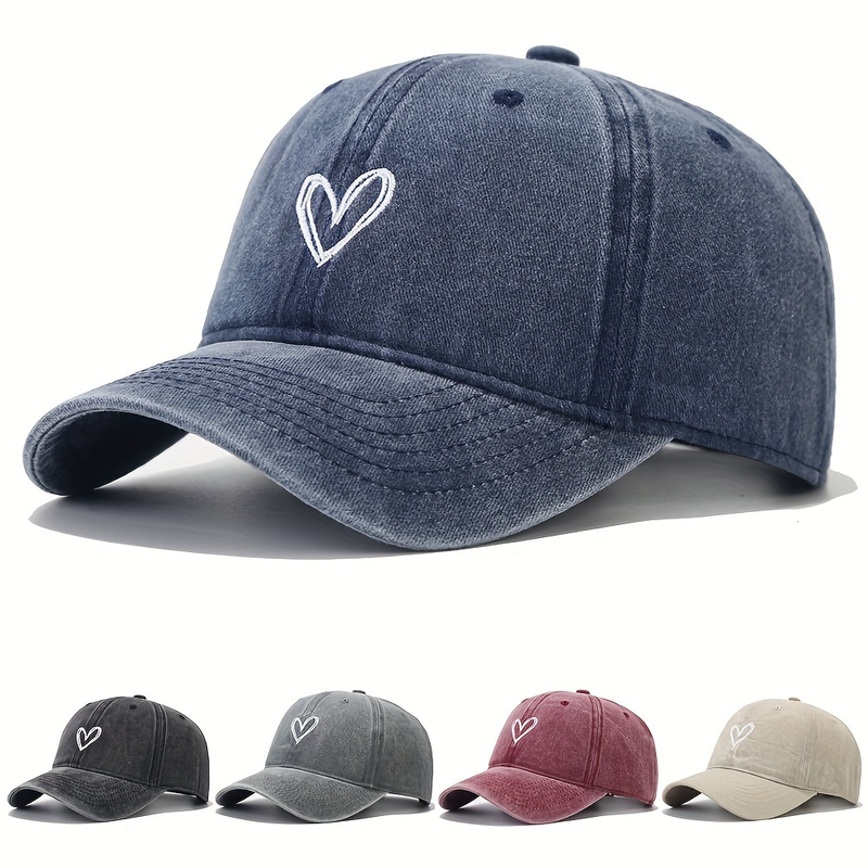 Washed Vintage Simple Baseball Cap Heart Embroidered Dad Hat Curved Brim Adjustable Sun Hats_voghion.com