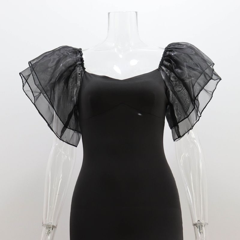 Enges sexy Kleid für Frühling und Sommer 2023, neues schwarzes Netz mit Lotusblattärmeln, quadratischer Kragen, langer Rock für Frauen_voghion.com