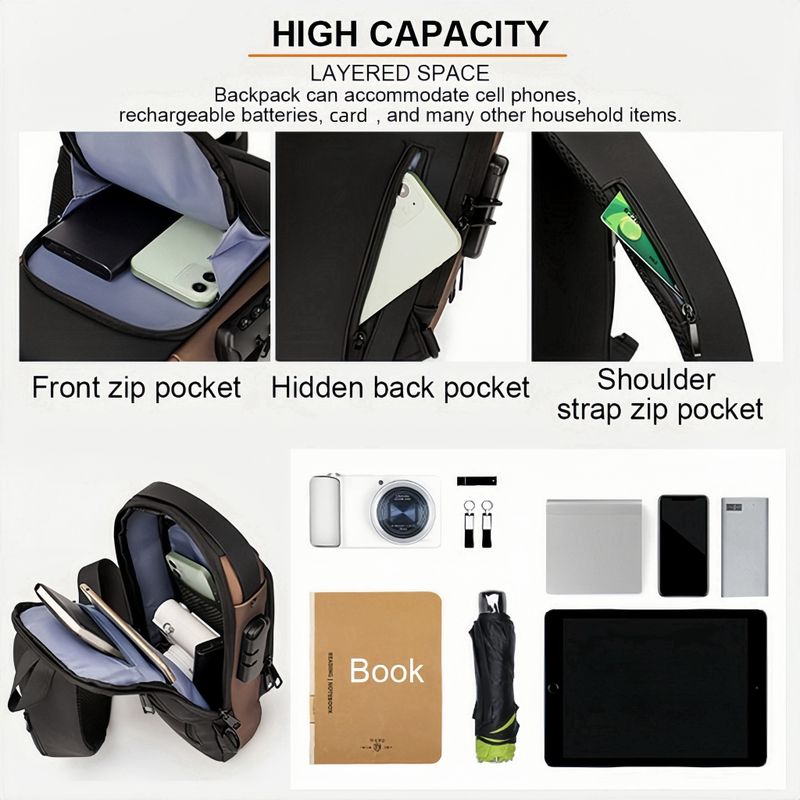Oxford Fabric Sling Backpack With USB Charging Port, Adjustable Strap - Casual Outdoor Crossbody Bag For Hiking And Travel_voghion.com