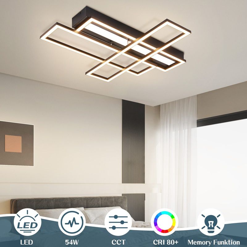 Glitzerlife Deckenlampe LED Deckenleuchte Schwarz - 54W Schlafzimmerlampe Modern Design Küchenlampe Dimmbar Mit Fernbedienung Wohnzimmerlampe Rechteckig Für Flur_voghion.com