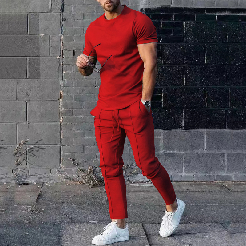Men's Solid Color Casual Round Neck Short Sleeve Sports T Two-piece Suit_voghion.com