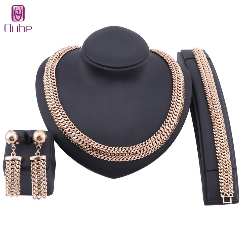 Set de bijuterii de petrecere de culoare aurie africană pentru femei, costum de sârmă cu farmecul colierului, brățării, cercei, bijuterii de mireasă nigeriene_voghion.com