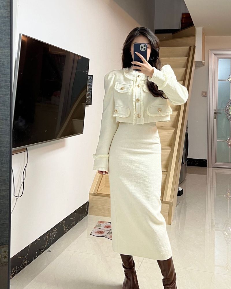 Komplet garniturowy z tweedu inspirowany Chanel – krótka marynarka i spódnica z wysokim rozcięciem, elegancki strój do biura i na kolację (S-XXXXL)_voghion.com