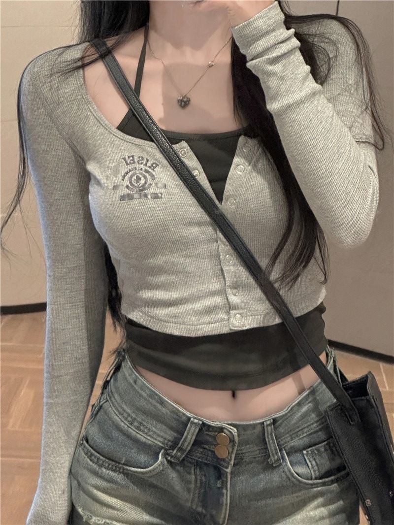 Pure Desire Wind Tweedelige T-shirt met lange mouwen voor vrouwen 2024 Nieuwe lente en zomer Hot Girl Slim Bottom Shirt_voghion.com