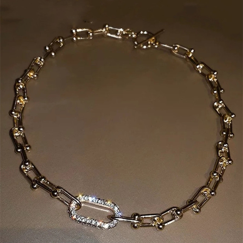 Designer Titanium Steel Horseshoe Simple Metal Flash Diamond Chain Necklace Fashion Cool Hip Hop Punk Neckchain_voghion.com
