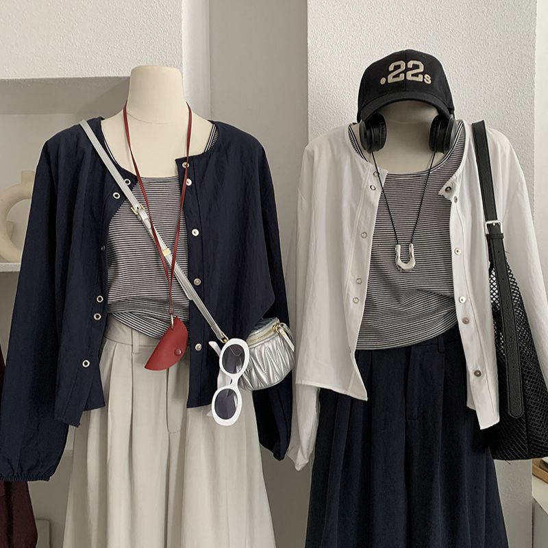 Omalai Autunno Nuovo Stile Coreano Casual Due Pezzi Set Gilet a Righe + Giacca Cardigan a Maniche Lunghe per Donna 4421_voghion.com