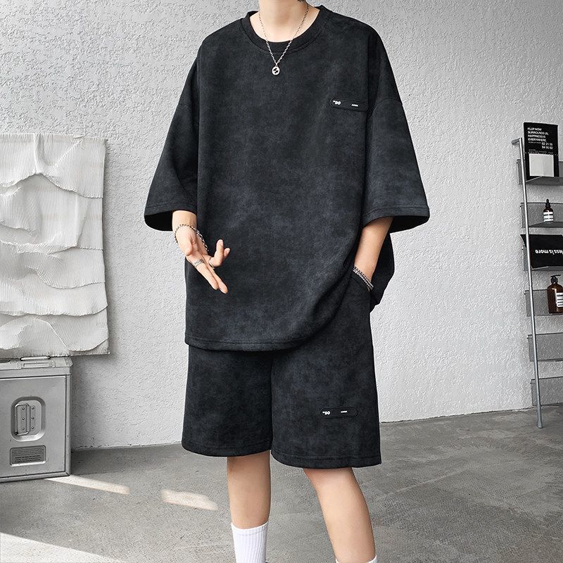 Sommer-Outfit für Herren, einzigartiges Batik-T-Shirt mit Dreiviertelärmeln und Shorts, trendiges cooles Herren-Set in Übergröße_voghion.com