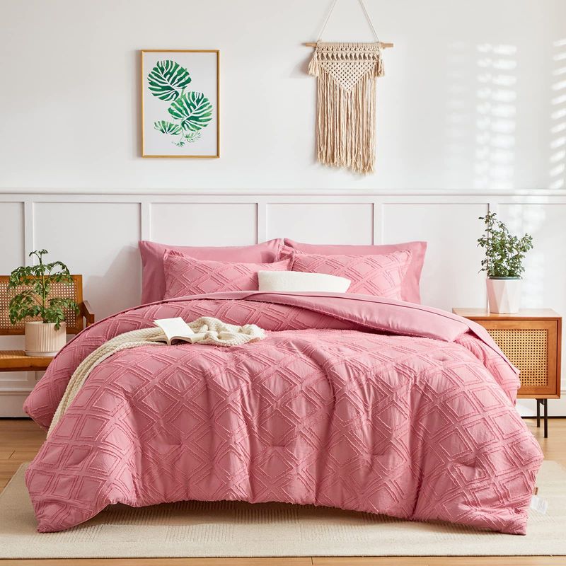 Set di piumoni traspiranti con ciuffi ricamati in stile bohémien rosa, per letto matrimoniale, set di biancheria da letto per tutte le stagioni, 3 pezzi, in alternativa al piumino._voghion.com