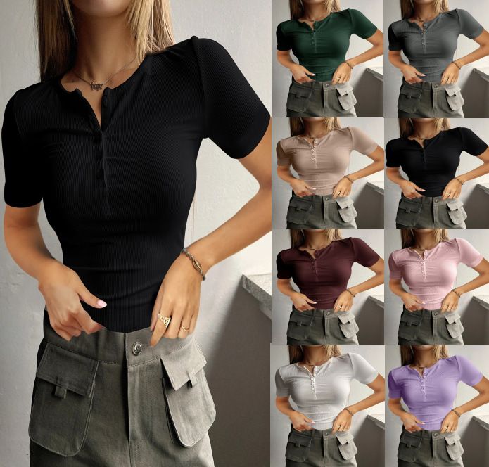 Women's Clothing New Short Sleeved Button Ribbed Slim Knitted Fir_voghion.com