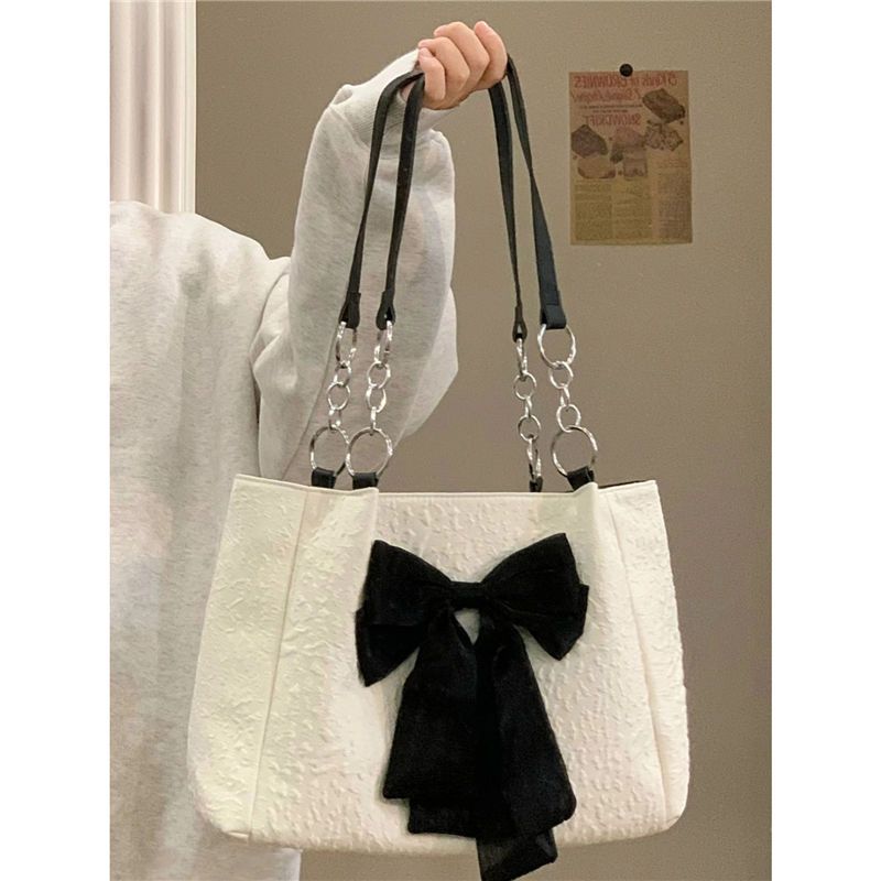 Borsa a mano versione coreana per donna 2022 nuova borsa a tracolla con fiocco di nicchia estiva grande capacità borsa in tela carina singola_voghion.com