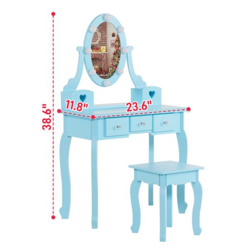 Set da toeletta Play Lights con sgabello contenitore, sgabello da toeletta, scrivania con cassetti, 5 cassetti, specchio e trucco_voghion.com