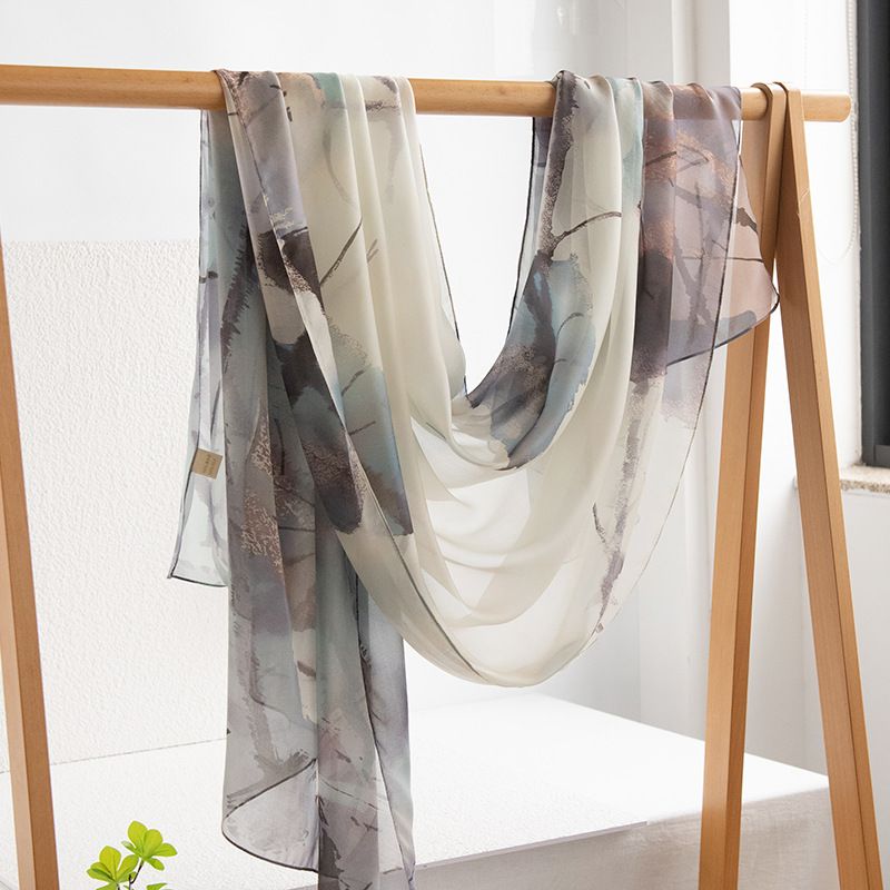 100% Mulberry Silk Gift Box 2024 Chinese Feng Shui Ink Leaf Printed Thin High end Women's Scarf_voghion.com