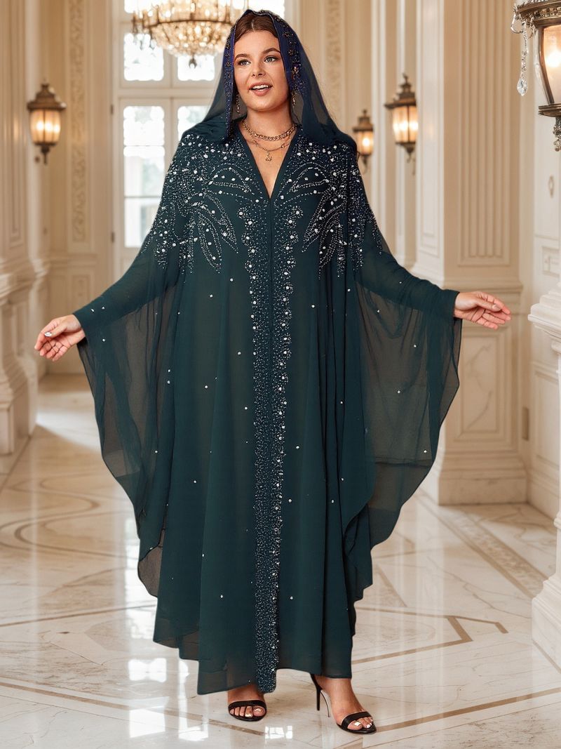 Robe cravejado de strass, xale muçulmano, vestido com capa e capuz, manga morcego, mais vendido_voghion.com