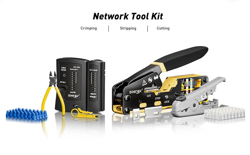 8 In 1 RJ45 Crimp Tool Kit By ZoeRax, Crimper Tool, Cable Tester, Wire Cutter, Blades, 50Pcs Cat 6 Connectors And Strain Relief_voghion.com