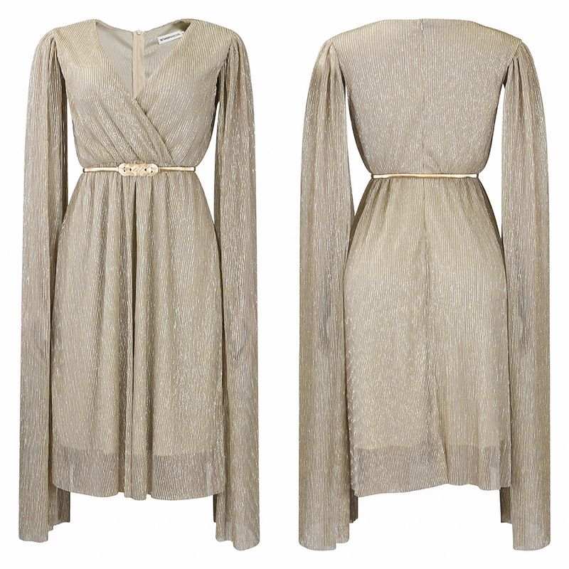 Damenbekleidung Neue V-Ausschnitt Temperament Langarm Cape Taille Kleid Rock_voghion.com