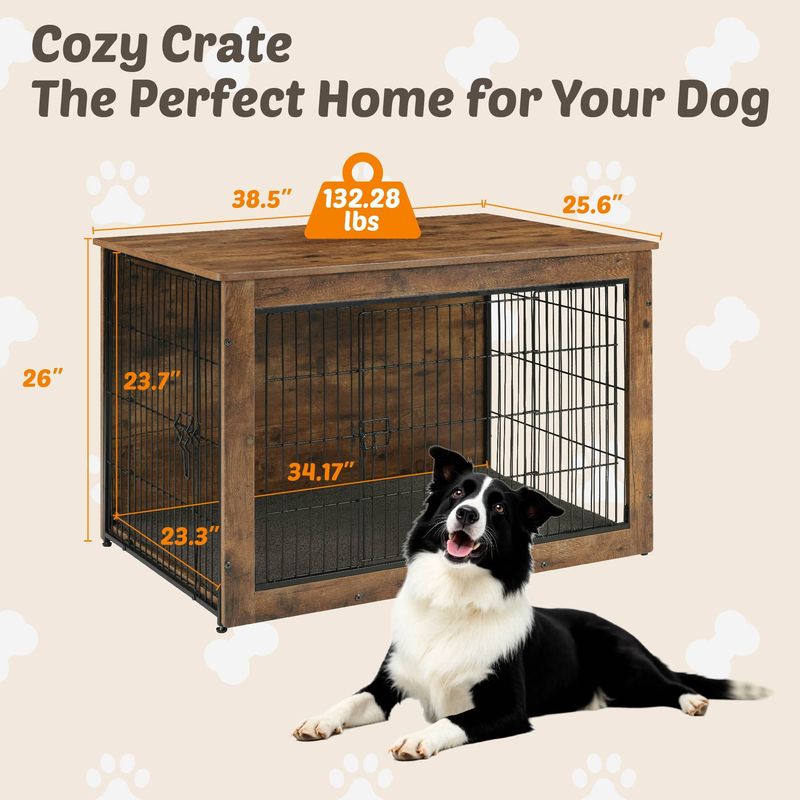 Dog Kennel Furniture, Wooden Dog Crate End Table, Heavy Duty Dog Crate, Decorative Pet Crate Dog Cage For Large Indoor Use (Rustic Brown) 39" L×26" W×27"H_voghion.com