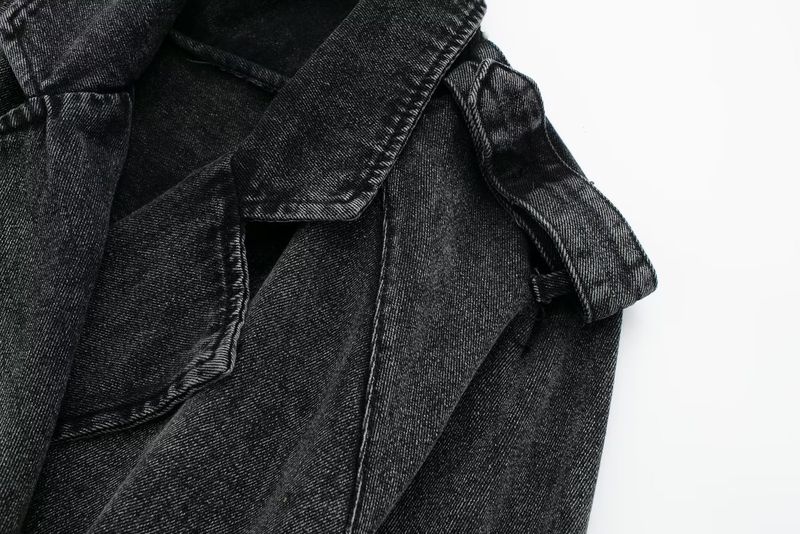 Trench in denim da donna – Elegante giacca corta con cintura, colletto casual, misto poliestere, azzurro/blu/grigio scuro, XS/S/M/L_voghion.com