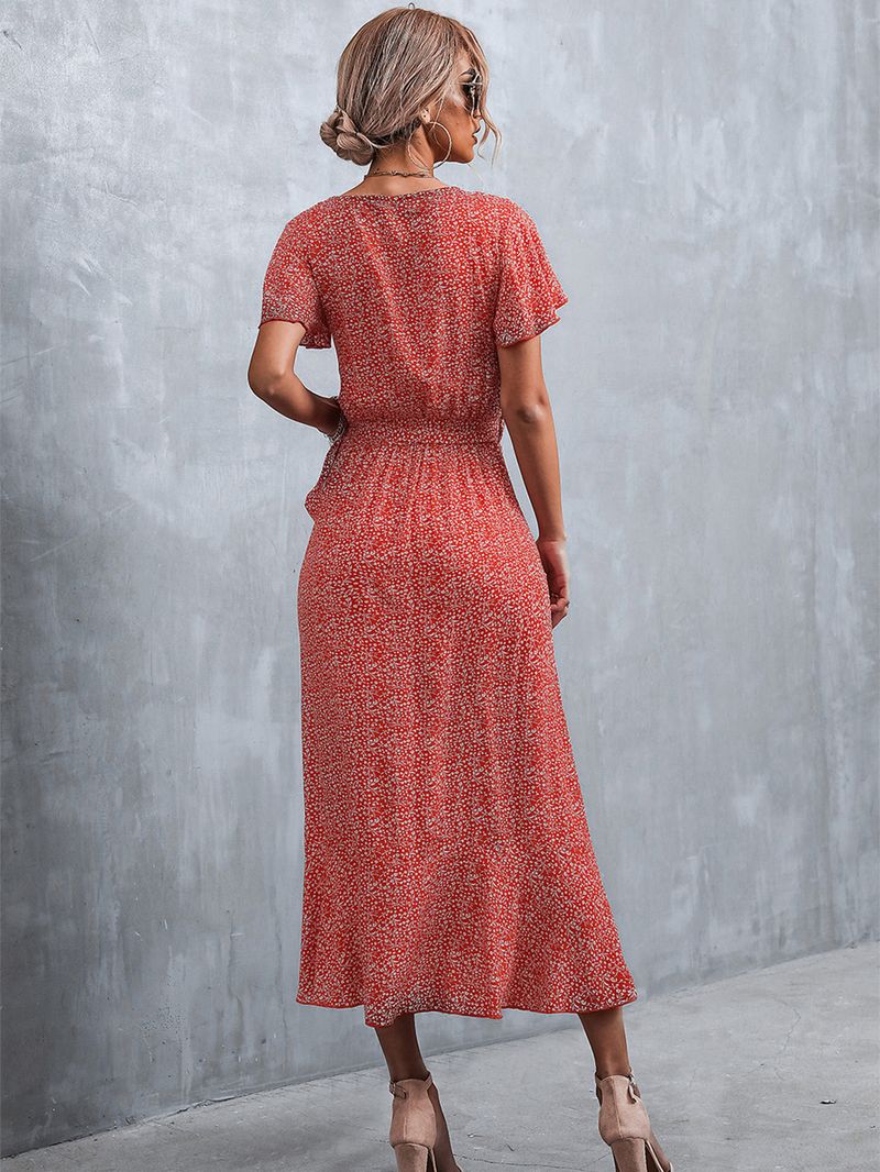 Frühling/Sommer 2022 Neues böhmisches, gekreuztes, geblümtes Kleid mit V-Ausschnitt und Schnürung_voghion.com