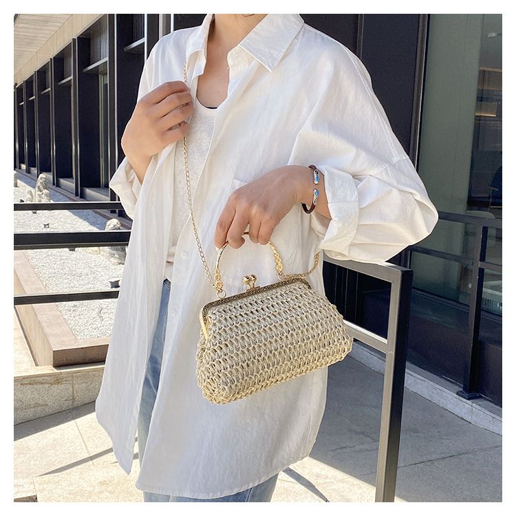 Borsa a tracolla da donna, borsa a mano intrecciata, borsa a conchiglia alla moda, borsa a mano con catena intrecciata in paglia alla moda per donna_voghion.com