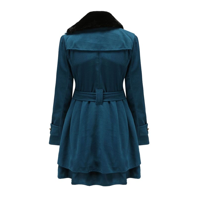 Eleganter Damen Wollmantel mit Kunstpelzkragen, Zweireihiger A-Linien Trenchcoat für Herbst Winter_voghion.com