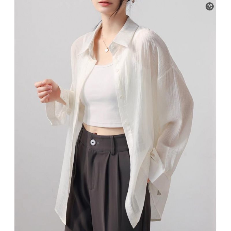 Sonnenschutzhemd Damen Sommer Tencel Dünner Mantel Chiffon Weißes Hemd Faules Und Lockeres Mikrotransparentes Oberteil_voghion.com