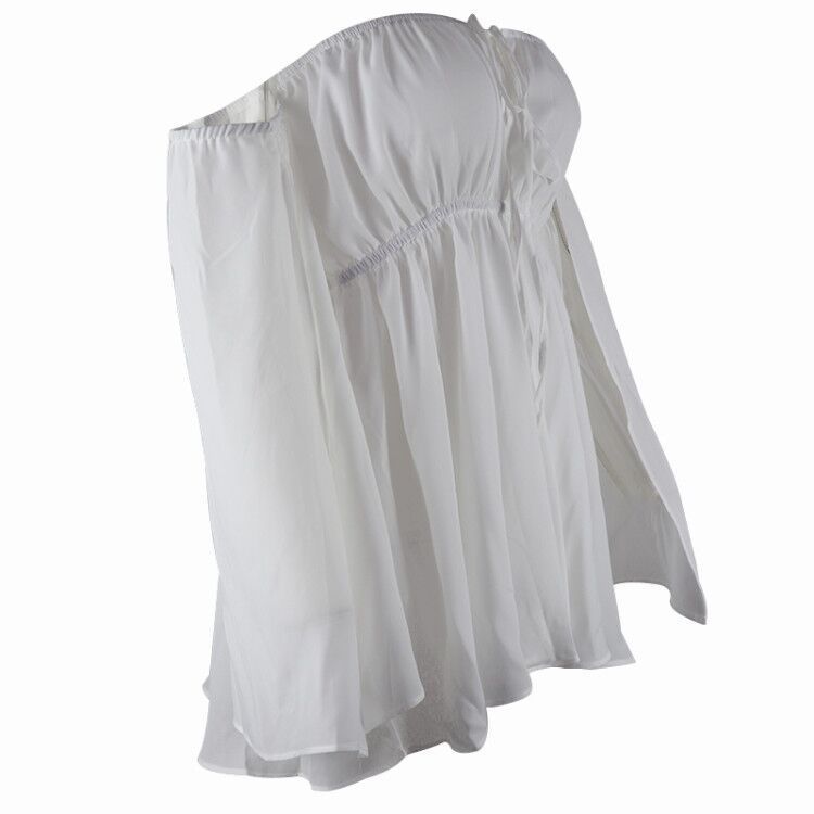 Abito da spiaggia casual in chiffon a vita alta con spalline annodate e spalle scoperte, nuovo ed estivo, per donna, comodo e sinonimo di abito_voghion.com