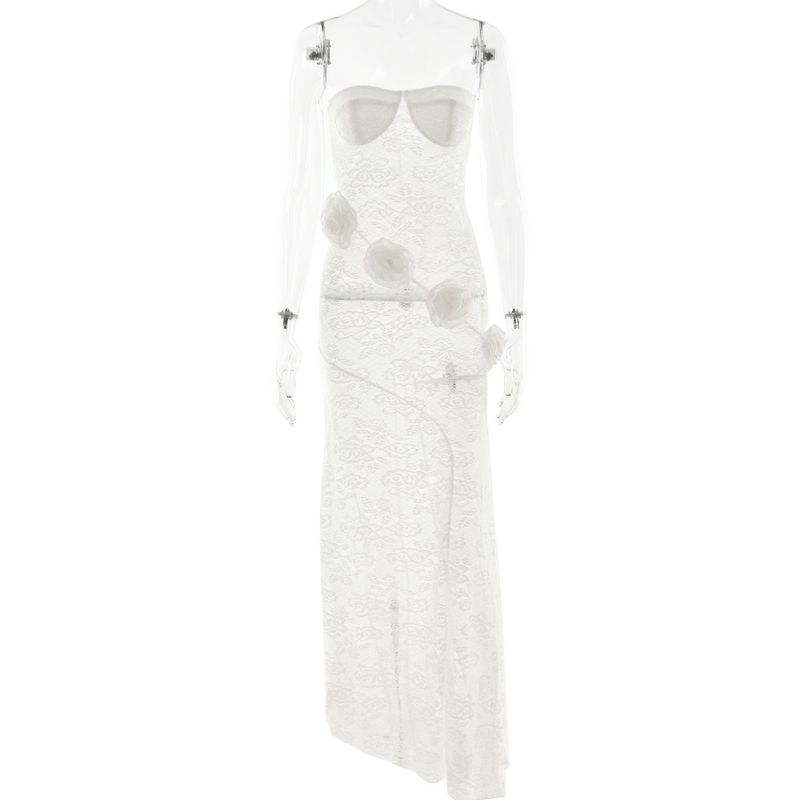 Abito da donna sexy, sottile e trasparente, in pizzo, con top a tubino autunnale e gonna lunga con coda di fiore tridimensionale_voghion.com