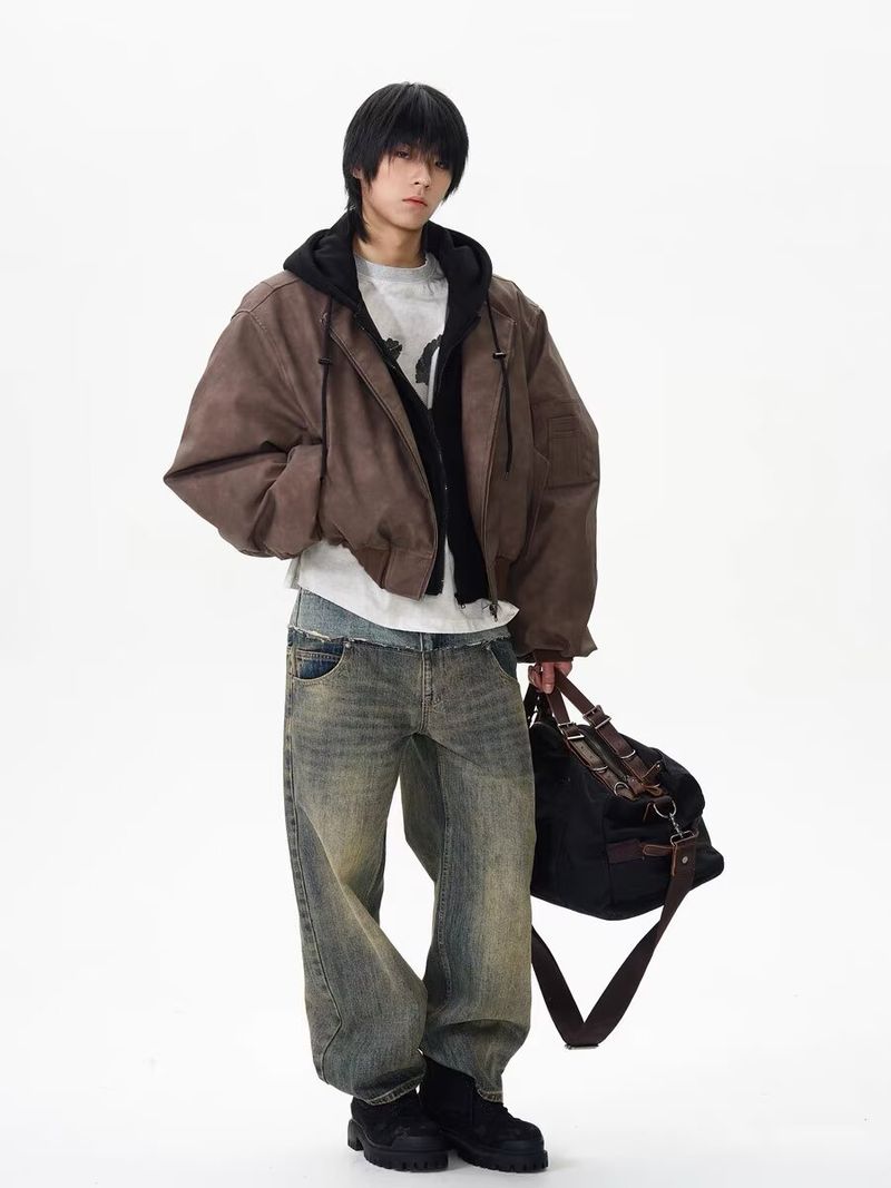 Giacca in similpelle due pezzi – Finitura tie-dye effetto invecchiato (unisex, M-2XL, lavaggio marrone/grigio)_voghion.com