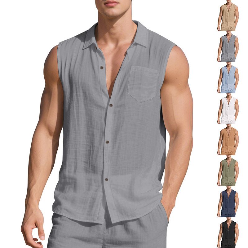 Mode Turn-Down-Kragen Herren Sommer Neue Lose Leinen Einfache Casual Ärmellose Strickjacke Strand Hemd_voghion.com