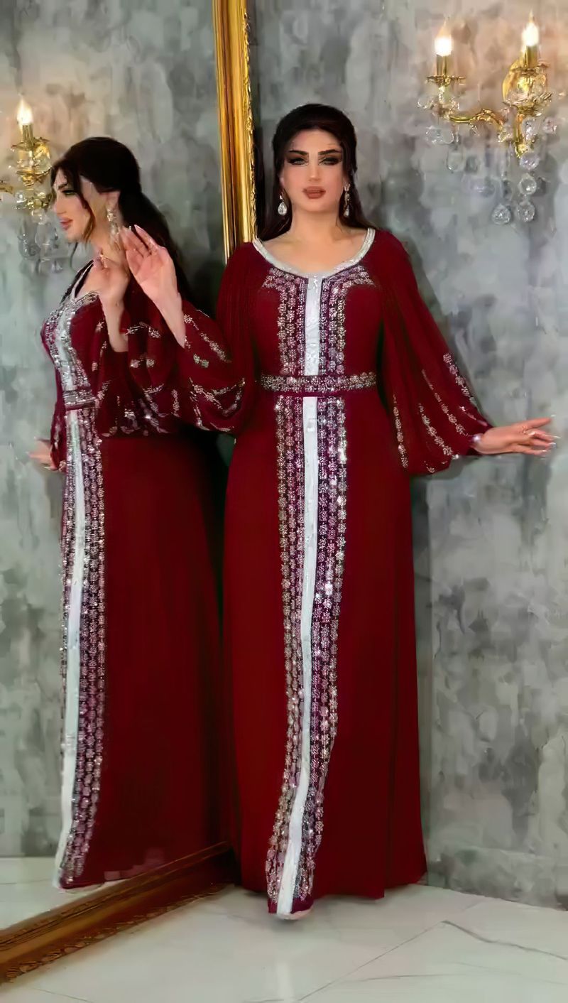 Abbigliamento da donna, abito lungo in chiffon con maniche a sbuffo, stile etnico mediorientale, con cintura e diamanti caldi_voghion.com