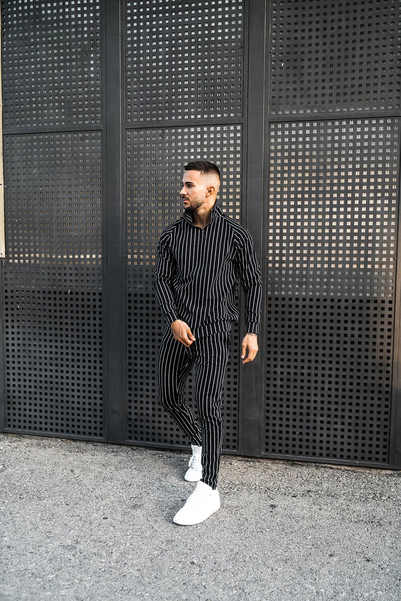 2024 New Spring and Autumn Stripe for Men's Fitness Running Long sleeved Sweater Slim Fit Pants Set_voghion.com