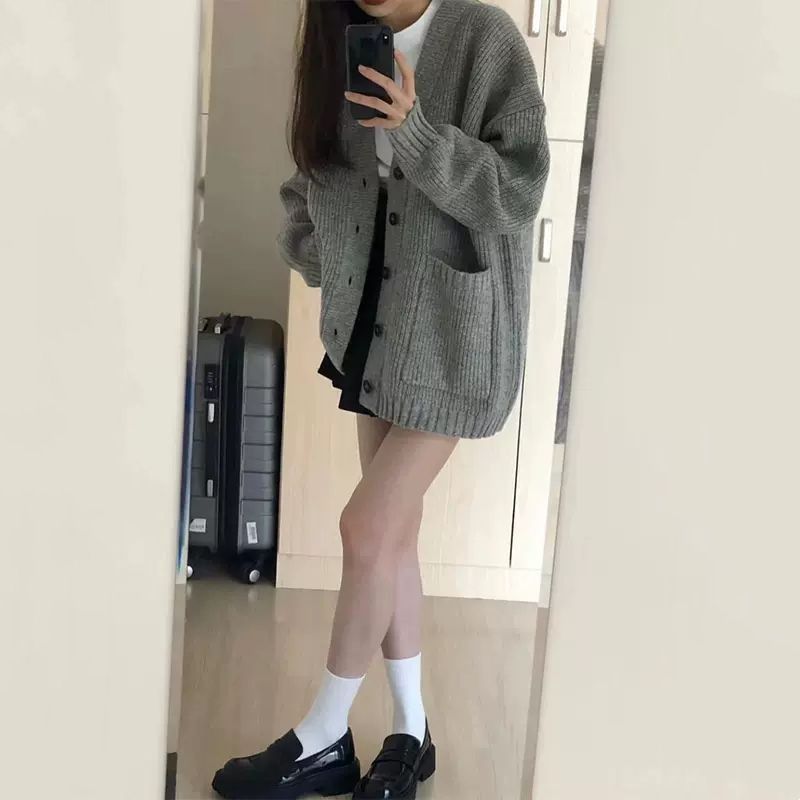 Oversized V-Neck Cardigan Sweater – Chunky Knit Open Front Coatigan (5 Neutral Colors) Grunge & Minimalist Aesthetic_voghion.com