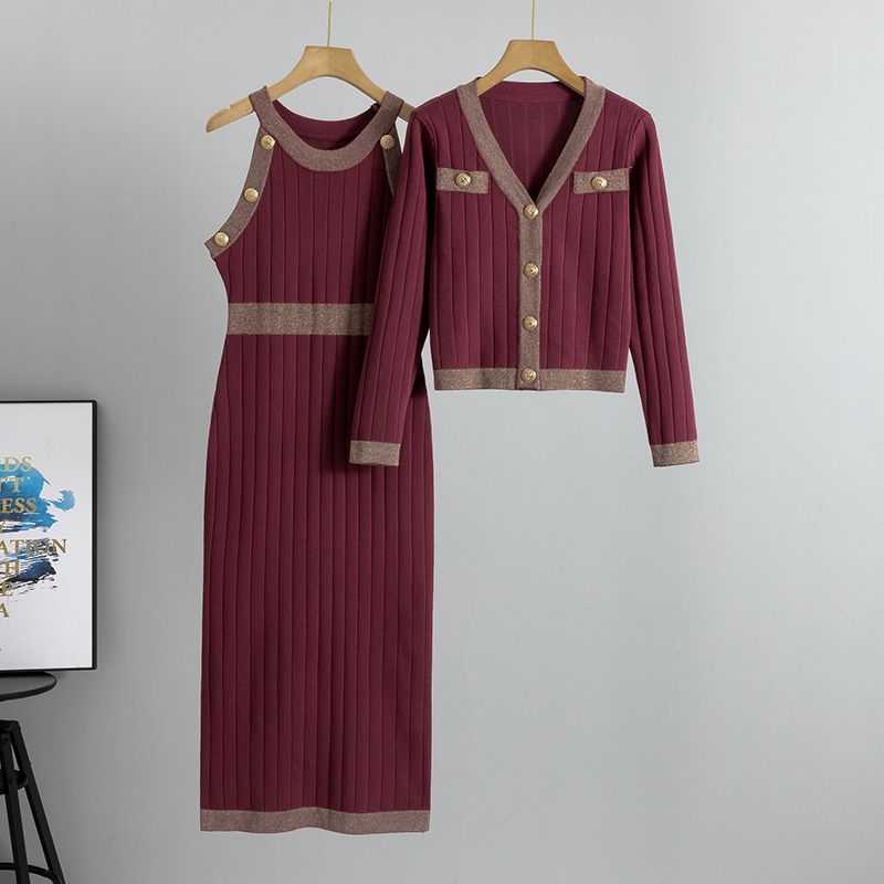Vestito in maglia a due pezzi con vita alta e stile francese da donna, nuovo abito in maglia lavorata a maglia_voghion.com