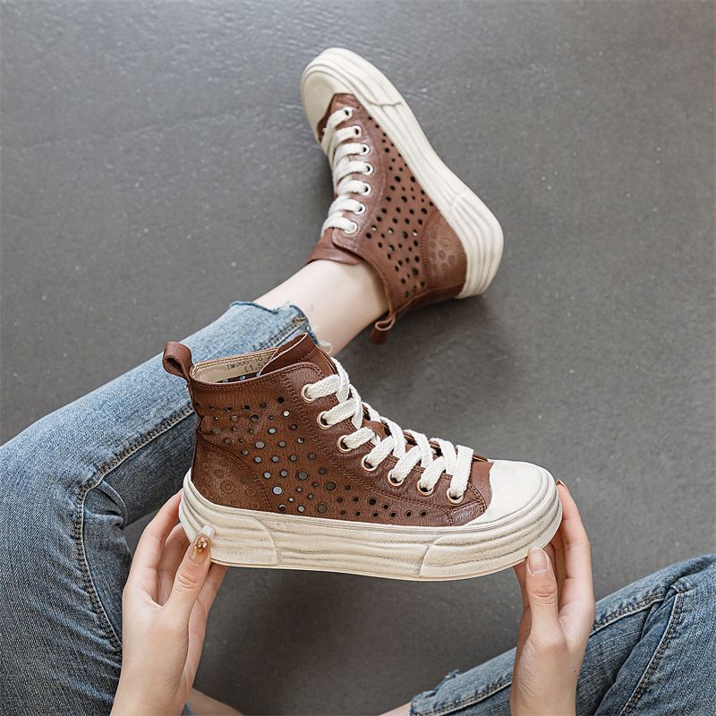 Ccvv2023 Zomer Nieuwe Leren Gat Dikke Bodem Comfortabele En Veelzijdige Hoge Top Mesh Ronde Kopbord Schoenen Voor Vrouwen_voghion.com