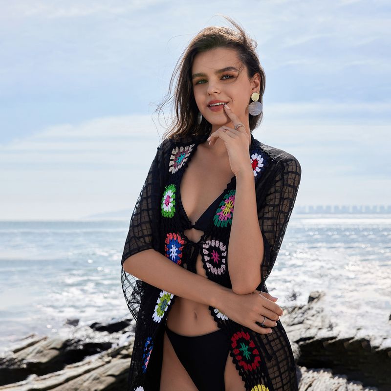 Women's Hand-Crochet Beach Cover-Up Set - Grid Bikini & Skirt With UPF Protection, Bohemian Style_voghion.com