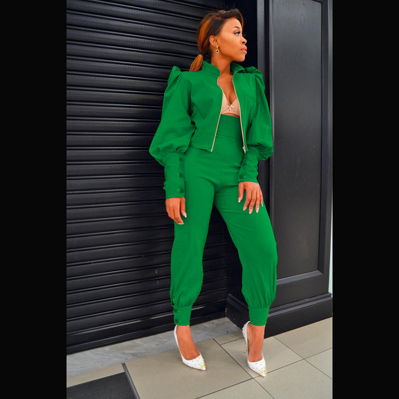 Damenbekleidung Mode Persönlichkeit Design Sinn für einfarbige Blase Ärmel Reißverschluss hoch taillierte Hose zweiteiliger Anzug_voghion.com