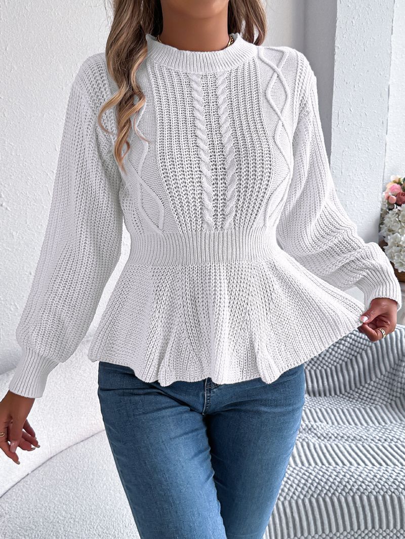 Autumn Winter Solid Color Cable Knit Waist-Cinching Ruffled Long Sleeve Pullover Sweater Women's Fashion_voghion.com